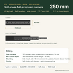 GTV Versalite PLUS 250 mm drawer runner dimensions and fitting clearances (black)