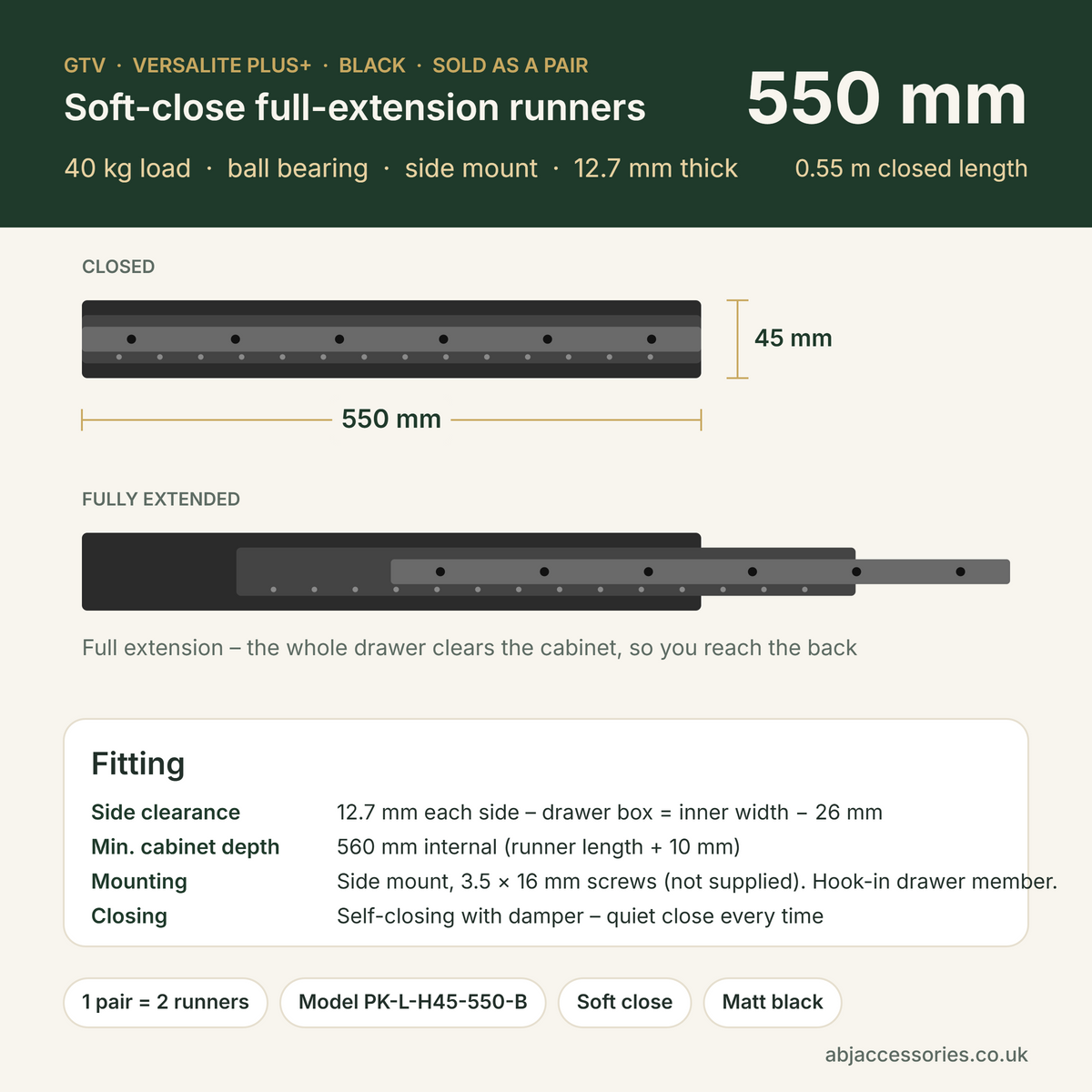 GTV Versalite PLUS 550 mm drawer runner dimensions and fitting clearances (black)